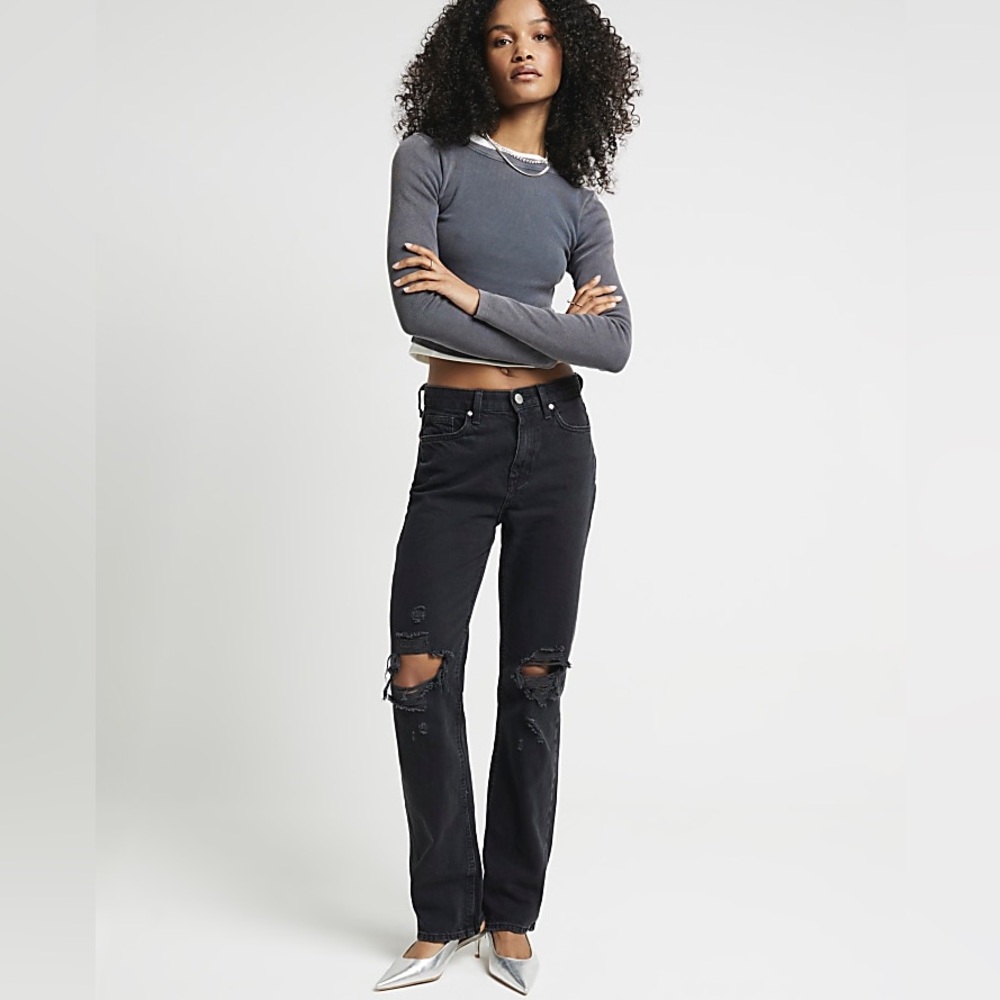 RIVER ISLAND High Rise Straight Destroyed Mom Jean in Black Size US 2